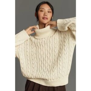 Anthropologie Pilcro Oversized Turtlneck Cableknit Cream Sweater Small